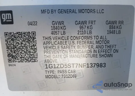 2022 Chevrolet Malibu Fwd Lt z USA, uszkodzony, nr VIN 1G1ZD5ST7NF137983